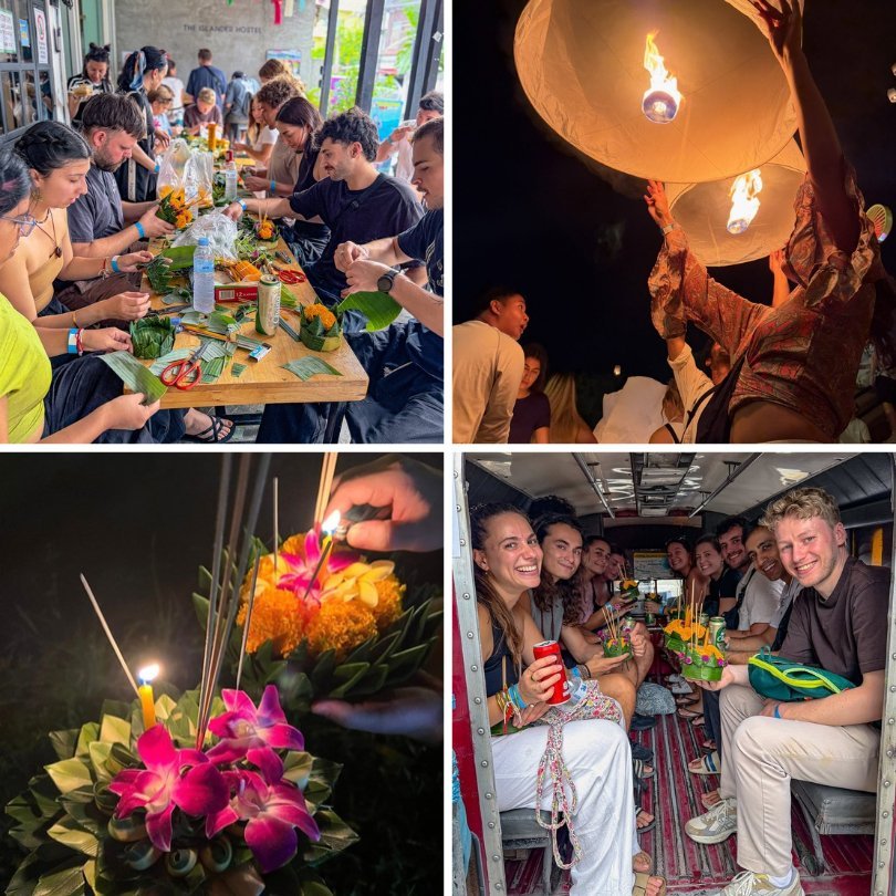 Islander guests making krathongs, releasing lanterns and riding the red taxi on festival night